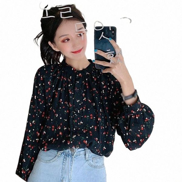 

women's blouses & shirts women's floral printing blouses round neck single breasted loose leisure long sleeve chiffon blouse shirt, White