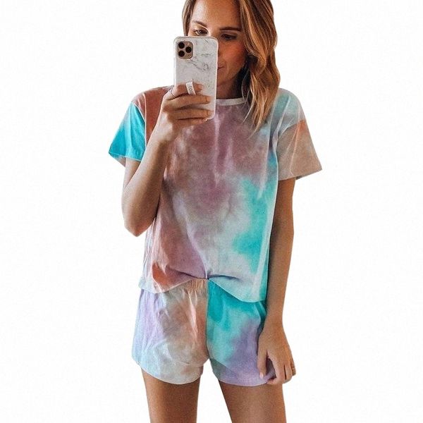 

women's tracksuits plus size tie dye print two piece set women casual o neck short sleeve elastic waist loose shorts ladies home pajam, Gray