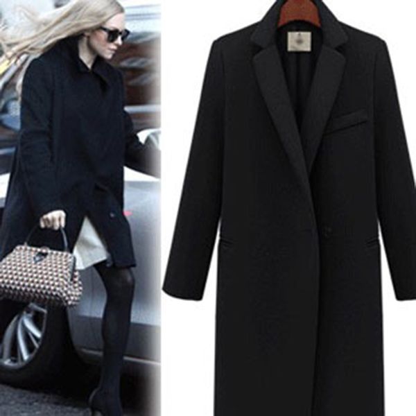 

fashion new woolen coat women's wool blends jackets european american suit collar one button mid-length winter autumn abrigos mujer plu, Black