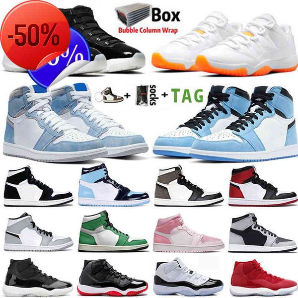 

basketball shoes 2022 with box jumpman 1 1s mens hyper royal university blue obsidian unc lucky green 11 11s 25th anniversary women sneakers, Black