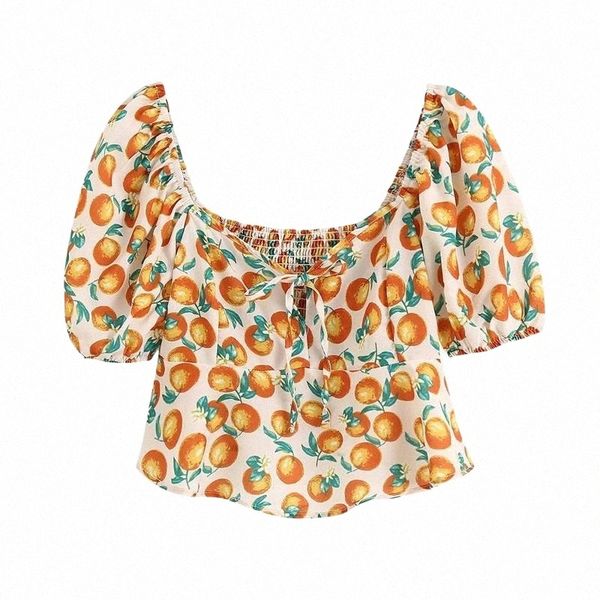 

women's blouses & shirts women fashion summer orange fruit print beach style short blouse chic lady puff sleeve bow lace up elastic shi, White