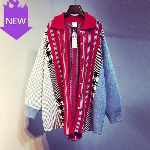 

women's blouses & shirts hit colors striped patchwork single breasted knitting sweater women 2021 spring autumn pattern lapel long slee, White