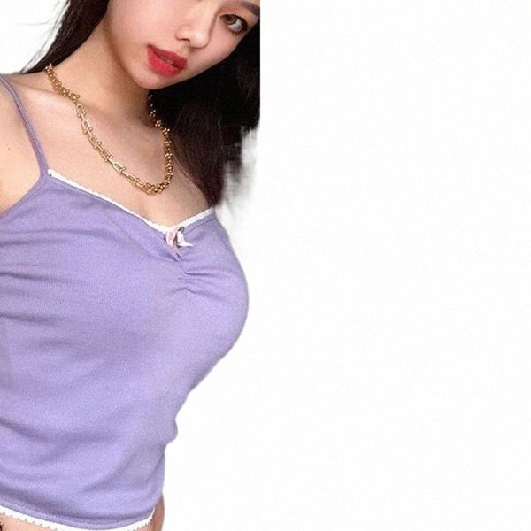 

women's tanks & camis women's tanks & camis sweet spaghetti strap summer solid ruched with bow backless purple kawaii ribbed outf, White