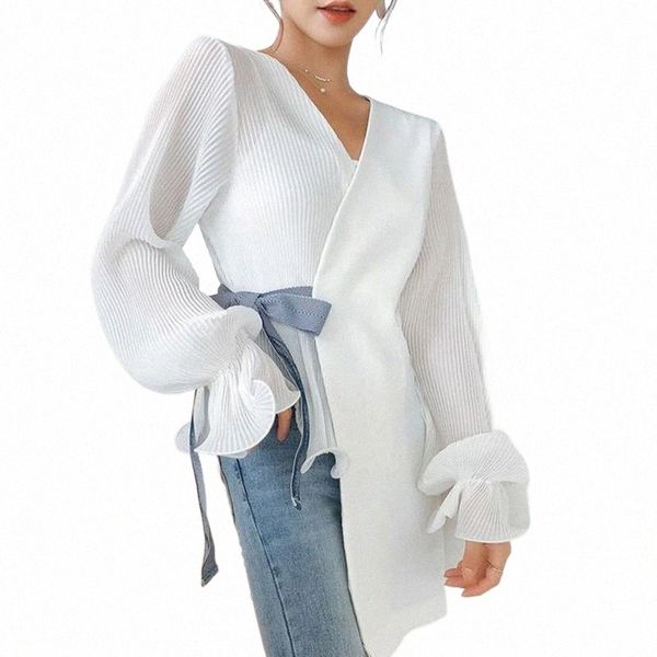 

women's blouses & shirts women elegant pure color v-neck bow blouses female irregular long sleeve casual blouse ladies blusas mujer de, White