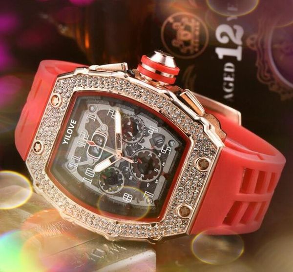 

trend crime barrel shape quartz movement watch 43mm men business full diamonds ring clock tape rubber skull men's skeleton dial lovers, Slivery;brown