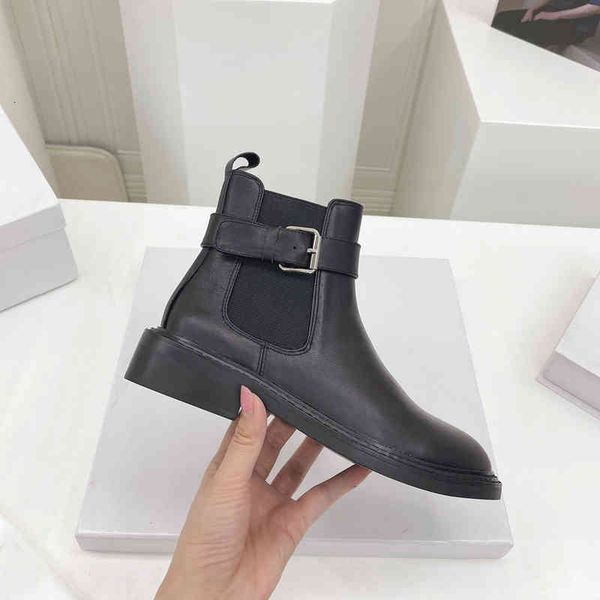 

boots the british style round head thin martin boots in autumn and winter are fashionable low heel belt buckles versatile side zipper, Black