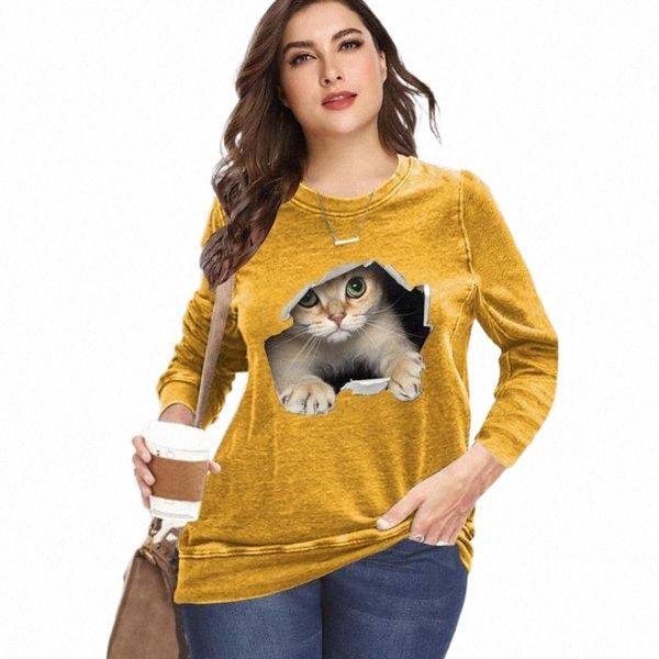 

women's t-shirt women's t-shirt 6xl plus size for big ladies 2022 autumn women fashion long sleeve o-neck stylish cat print loose, White