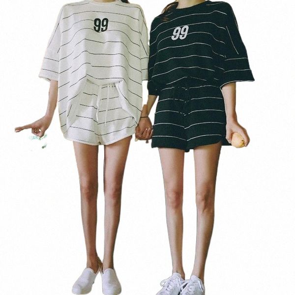 

women's tracksuits summer striped casual loose two-piece suit short-sleeved shorts sports female running egirl cloth t-shirt and pants, Gray