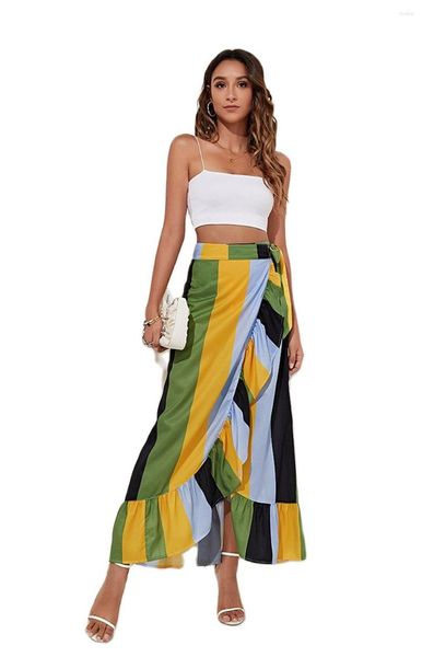 

skirts 2022 summer women's bandage four-color stitching skirt ladies striped print irregular fishtail, Black