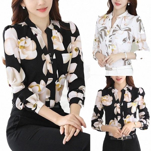 

women's blouses & shirts women spring autumn long sleeve flower print elegant chiffon blouse office ladies plus size women's blous, White