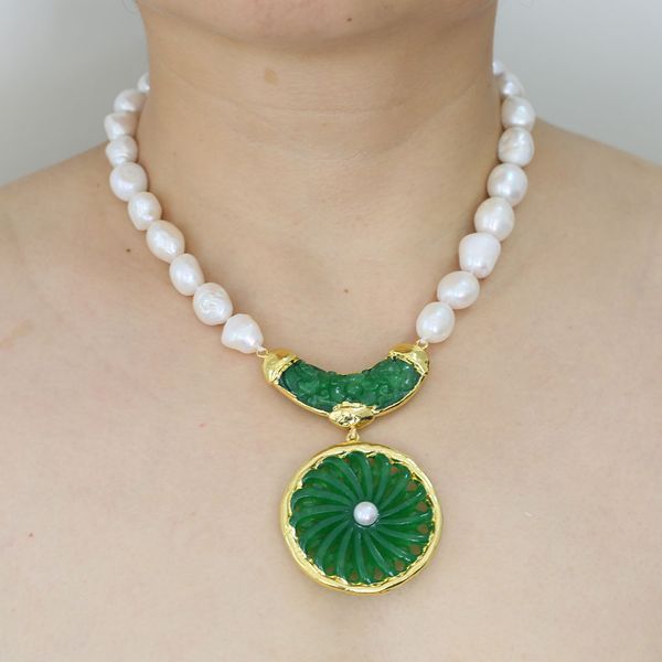 

natural big cultured white keshi pearl necklace green jade connector flower pendant gold plated charms for lady gifts, Silver