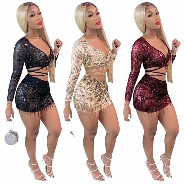 

women's tracksuits mesh see through two piece set with underpants sequins tassel women's outfits fashion crop mini skirt hip dress, Gray