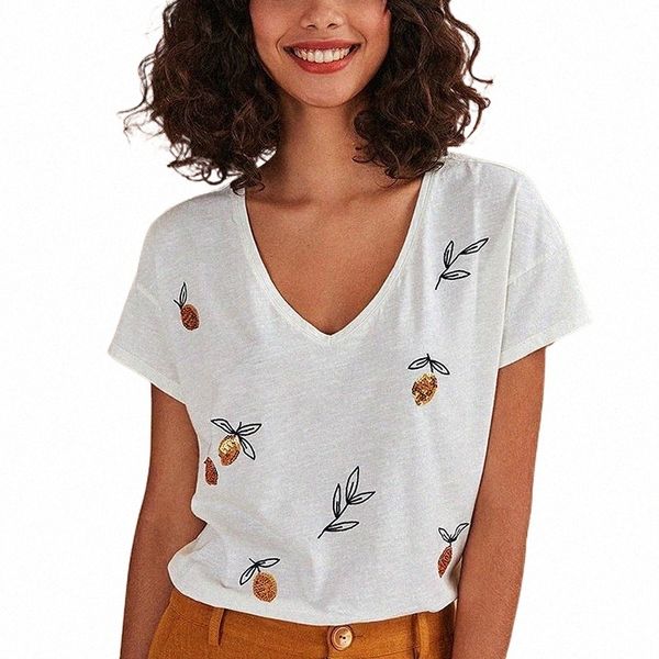 

women's t-shirt women's t-shirt sequins embroidery tee shirt 2022 summer women clothes short sleeve v neck tshirts female casual v, White