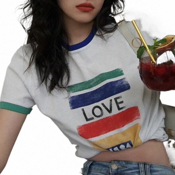 

women's t-shirt women's t-shirt women rainbow letter print cotton simple spring summer 2022 causal tees 00ek#, White