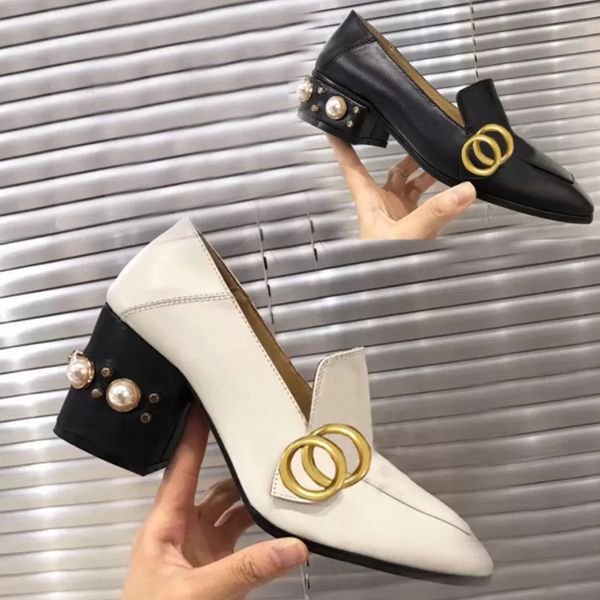 

classic high-heeled boat shoe designer womens shoes leather rivet thick heel high heels 100% cowhide metal button women pearl dress shoes la, Black