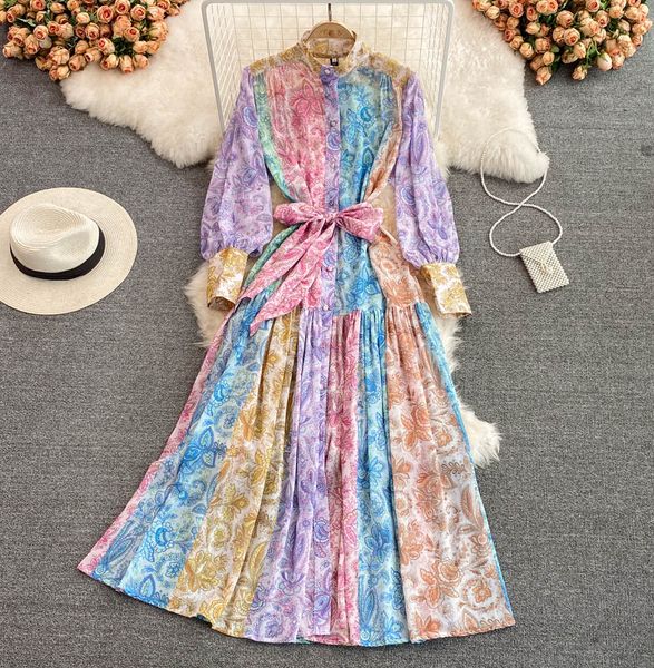 

women dress spring stand collar puff long sleeve vintage print floral fashion vestidos tie dye long luxury party 2023, Black;gray