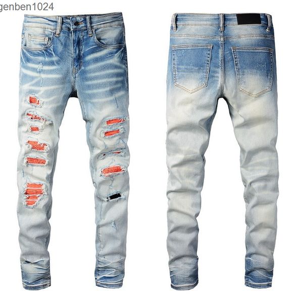 

men's jeans jeans for men skinny straight slim hip hop ripped red patches patchwork motorcycle biker jean pants, Blue