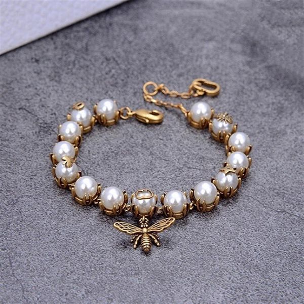 

fashion jewelry women love bracelt pearl bee charm bracelets with letter stamps brass material luxury designer bracelets new style2343, Golden;silver