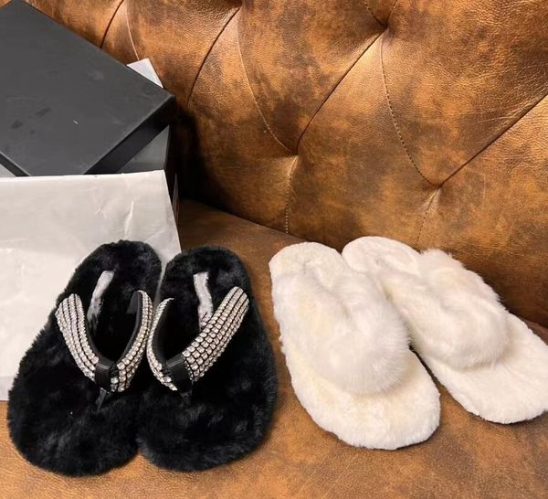 

women's winter slipper designer wool leisure flip-flops luxury crystal lady slippers fashion plush fluffy comfort sandals warmth flat b, Black