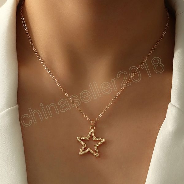 

boho simple alloy hollow pentagram pendant necklace female stainless steel clavicle neck chain girl birthday jewelry, Silver