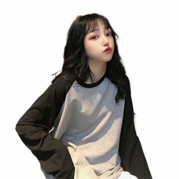 

women's t-shirt women's t-shirt t-shirts women patchwork long sleeves loose street wear couple ulzzang stylish designed all-match, White