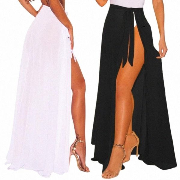 

skirts skirts 2022 style women summer chiffon long skirt ladies solid color high-waist tied straps swimsuit cover for girls beachwear l8s4#, Black