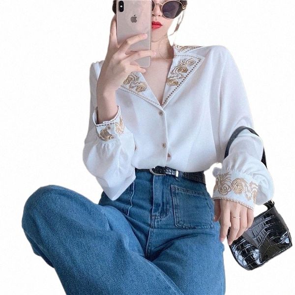 

women's blouses & shirts vintage blouse women's clothing spring embroidery notched white shirts loose single-breasted ladies long