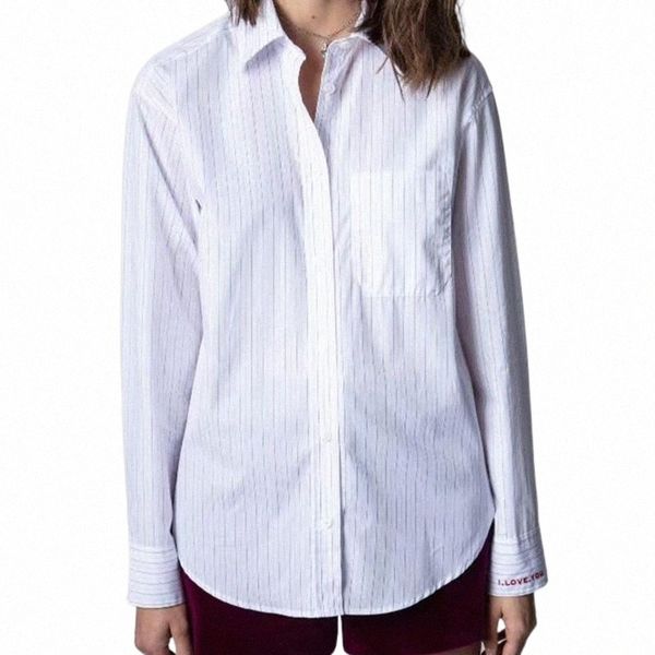 

women's blouses & shirts women's blouses & shirts women vertical stripe shirt cotton letter embroidery turn-down collar long sleev, White