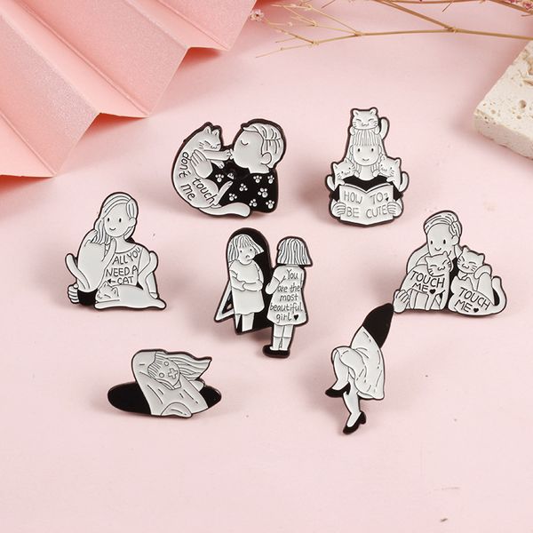 

cat touch me cute brooches pin for women kids fahsion jewelry shirt coat dress denim bag decor metal enamel pin, Gray