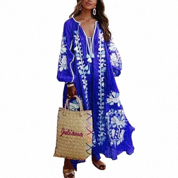 

casual dresses casual dresses women elegant floral print loose dress autumn tassel long party vintage v neck lantern sleeve ladies y2e3#, Black;gray