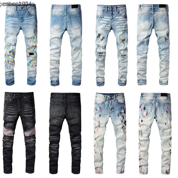 

men's jeans jeans for men skinny straight slim hip hop ripped oil patches patchwork motorcycle biker jean pants black, Blue