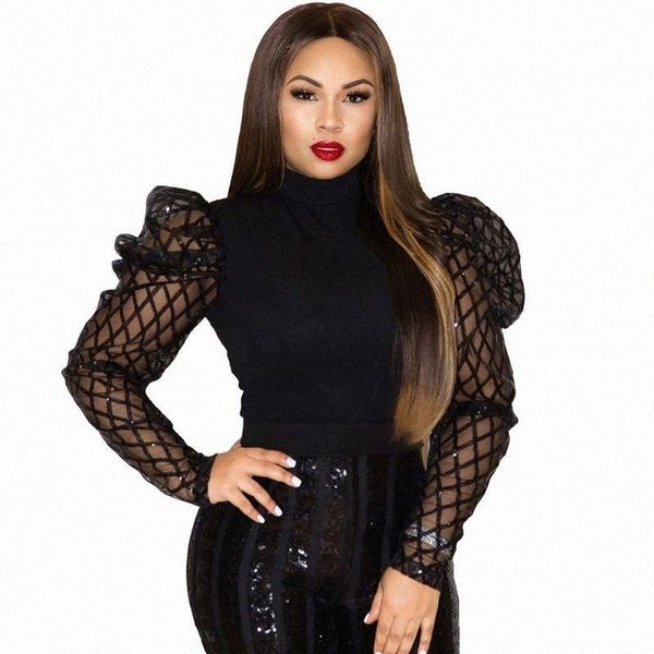 

women's blouses & shirts sequin mesh sheer sleeve patchwork womens and blouses spring autumn female shirt elegant ladies blusa feminin, White