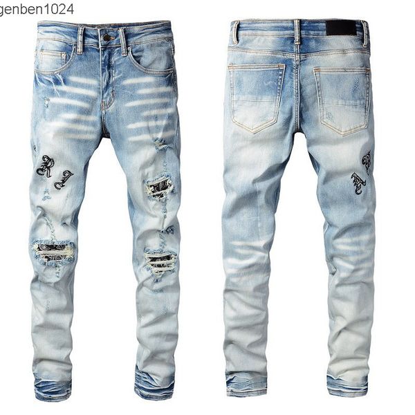 

men's amirs mens designer jeans ripped denim pants luxury iri hip hop distressed zipper trousers for male e0mb, Blue