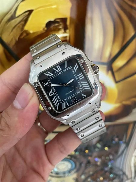 

new fashion square watch 40mm geneve genuine stainless steel mechanical case and strap blue dial men's watch, Slivery;brown