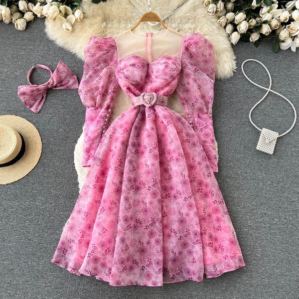 

new casual dresses summer floral print slim full lady dress a line o neck chiffon puff sleeve pullover women dresses 2023, Black;gray