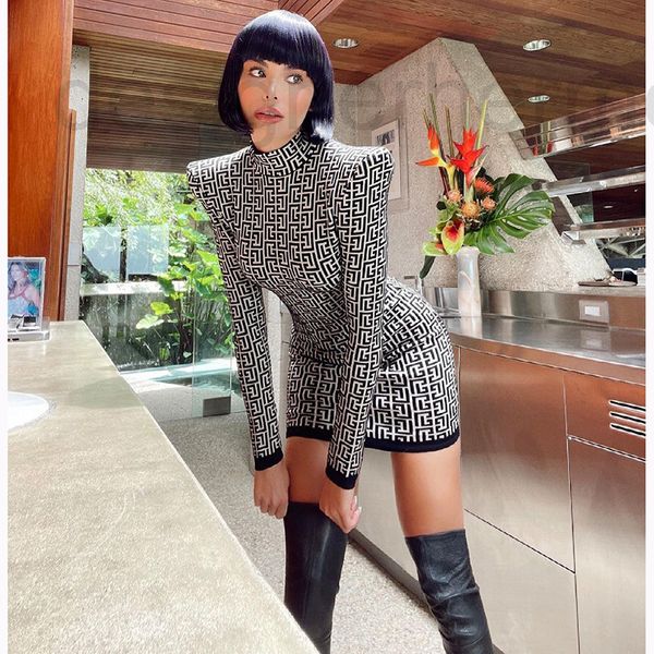 

casual dresses designer 2022 autumn winter new star geometric pattern jacquard long sleeve elastic tight knit dress o01k, Black;gray