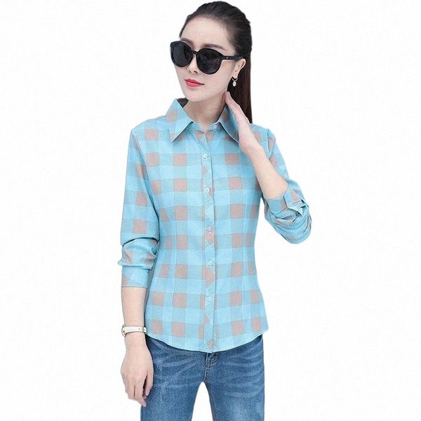 

women's blouses & shirts plus size women spring summer style blouses shirts lady casual turn-down collar plaid printed blusas zz0696 w, White