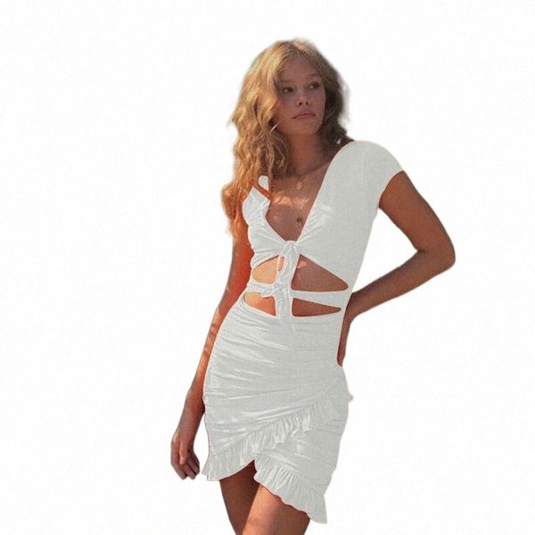 

casual dresses casual dresses women summer dress v neck wrap short mini ladies bodycon evening party sleeve irregular ruffles hollow out ban, Black;gray