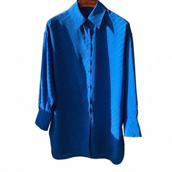 

women's blouses & shirts turn-down collar shirt women 100% silk striped jacquard loose long sleeve single breasted and blouse women&#03, White