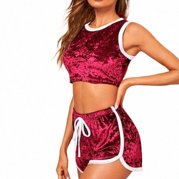 

women's tracksuits women's tracksuits summer velvet sleepwear women sleeveless o-neck crop shorts solid nightwear pajama setwomen, Gray