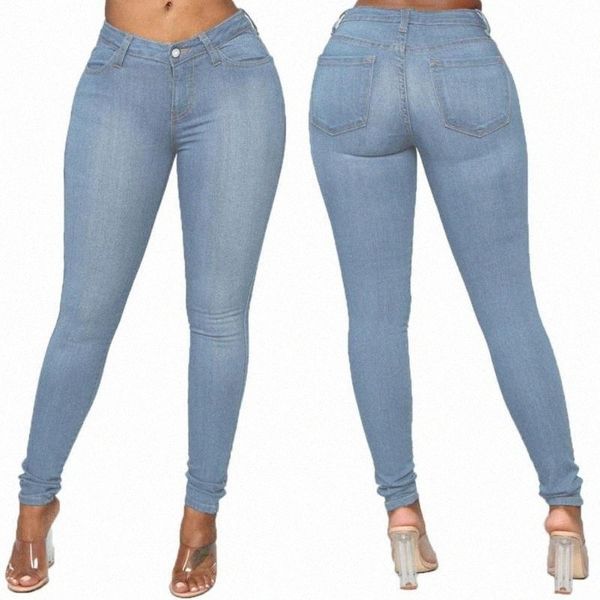 

women's jeans women's jeans denim trousers fashion butt-lifting mid waist button zipper pencil pants m4os#, Blue