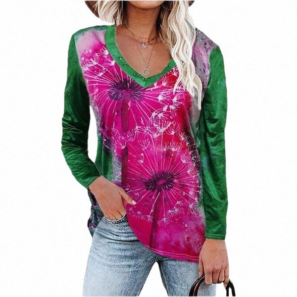 

women's t-shirt women's t-shirt autumn women fashion dandelion print harajuku casual v-neck long sleeve elegant pullover female l, White