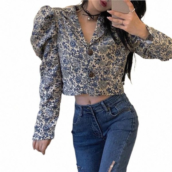 

women's blouses & shirts autumn design shirt floral puff sleeve suit collar short jacket fashion all-match slim blouse women's blo, White
