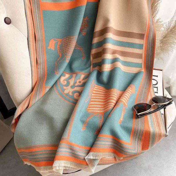 

classic style warm imitation cashmere scarf women's air conditioning room thickened shawl pattern jacquard short beard tassel elegant l, Blue;gray