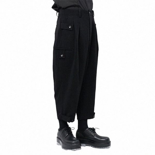 

men's pants men's pants casual black simple capris flat side pocket loose closure button deconstruction large j4s4#