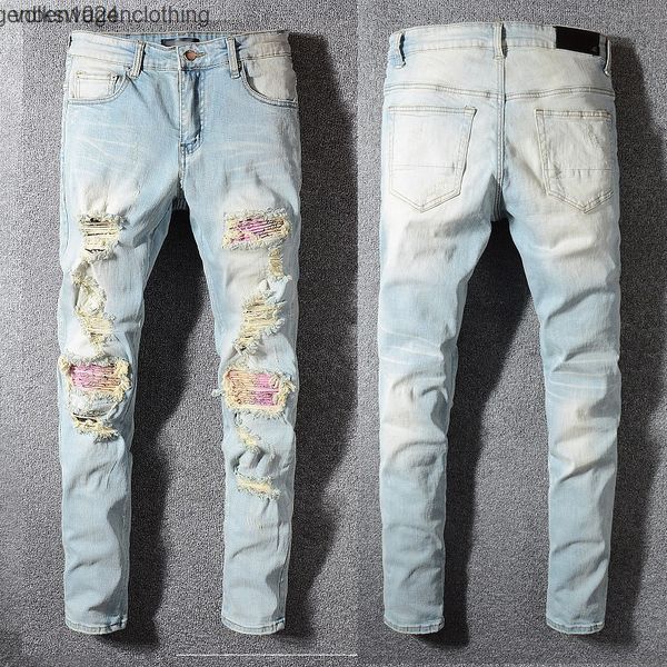 

men's jeans jeans for men skinny straight slim hip hop ripped red patchwork motorcycle big hole biker jean pants size 28-40, Blue