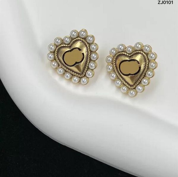 

retro pearl love heart charm earrings stud designer double letter eardrops women elegant studs earring, Golden;silver