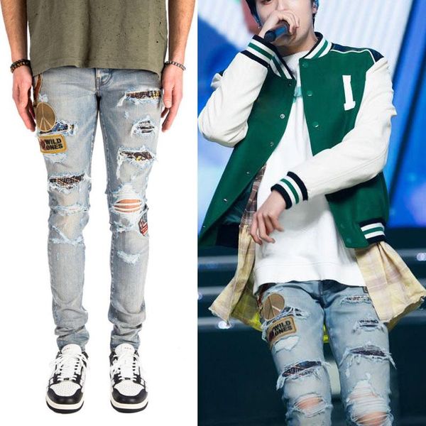 

men's fashion multi embroidery patch washed holes ripped biker jeans slim stretch denim pants long trouse dsquare 2 dsquareds dsq2s dsq, Blue