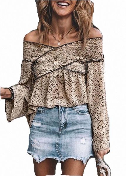 

women's blouses & shirts off shoulder shirt women blouse slash neck long sleeve boho polka dot shirts flare ladies shirst women's, White