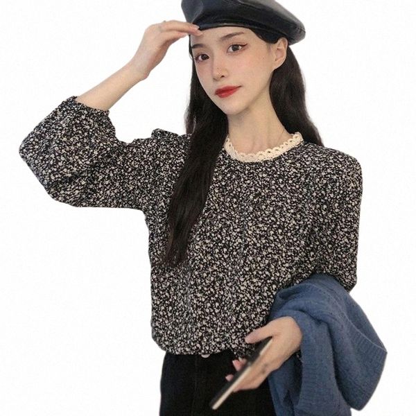 

women's blouses & shirts women blouses korean round neck floral lace stitching loose casual long-sleeved chiffon shirt women's & s, White